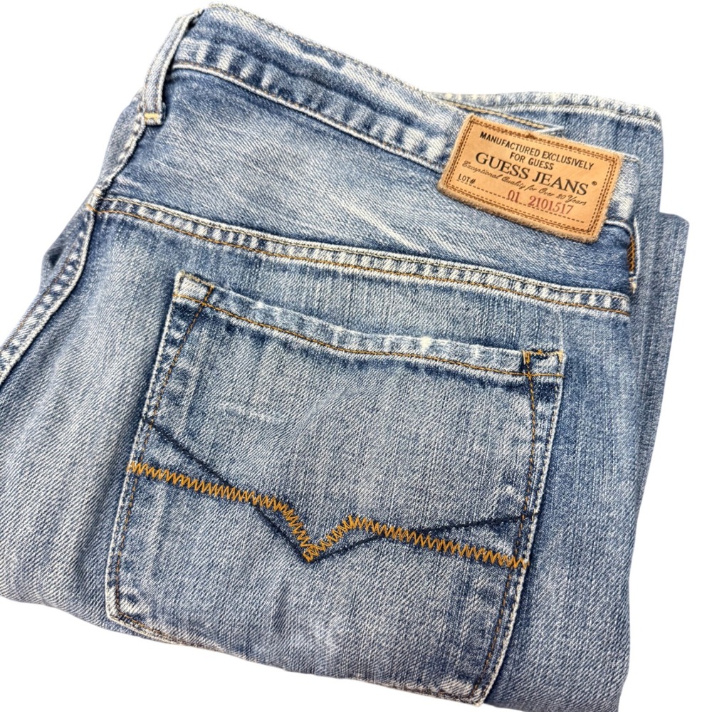 Guess Jeans Mens 38x32 Blue Distressed Straight Leg Denim Pants M5376100